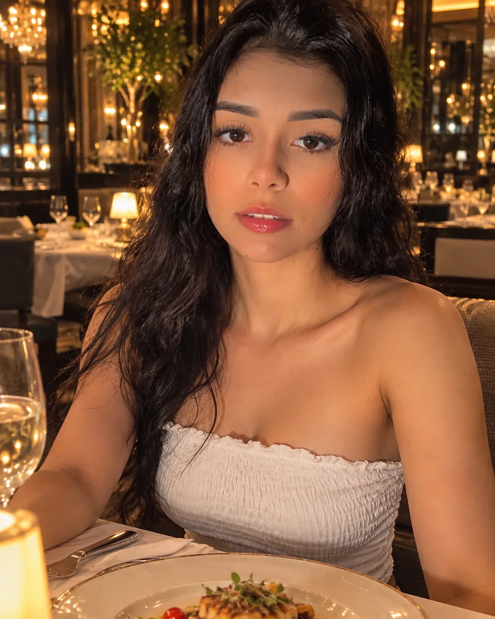 Luisa cenando en un restaurante elegante